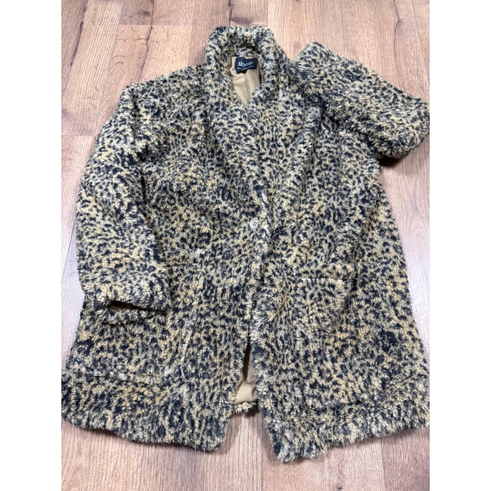 Stoosh Womens Leopard Print Faux Fur Teddy Coat Jacket Tan Black Size Large